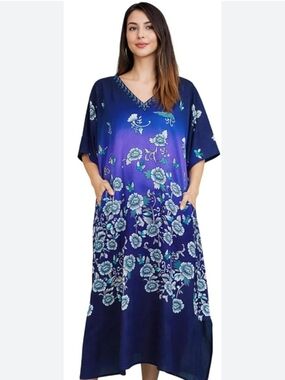 Women’s Navy Blue Floral Maxi Dress with V-Neck